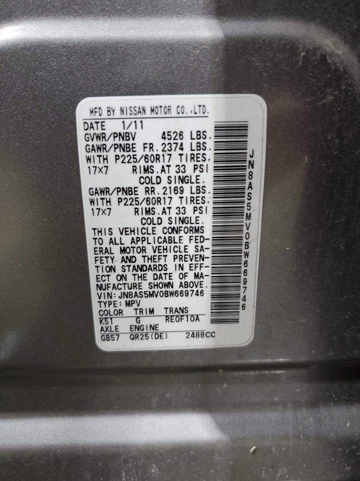 2011 Nissan Rogue VIN JN8AS5MV0BW669746 Copart auction photo, front end / mechanical damage thumbnail 13