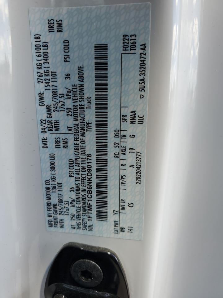 2022 Ford F-150 VIN 1FTMF1CB6NKD90178 Copart auction photo, front end damage thumbnail 14