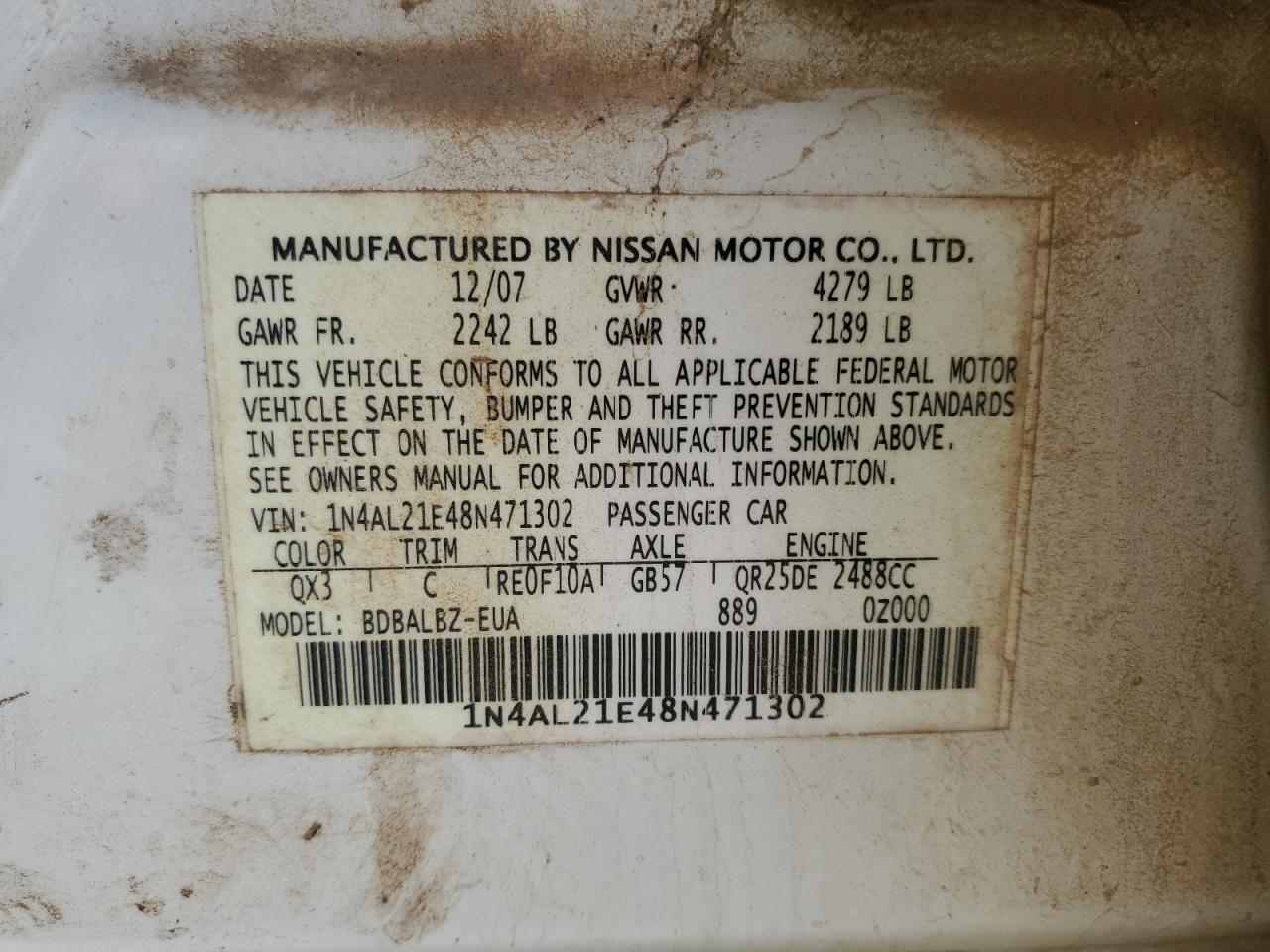 2008 Nissan Altima VIN 1N4AL21E48N471302 Copart auction photo, front end damage thumbnail 12