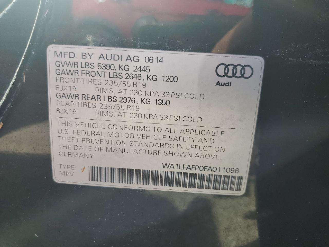 2015 Audi Q5 VIN WA1LFAFP0FA011096 Copart auction photo, water/flood damage thumbnail 14