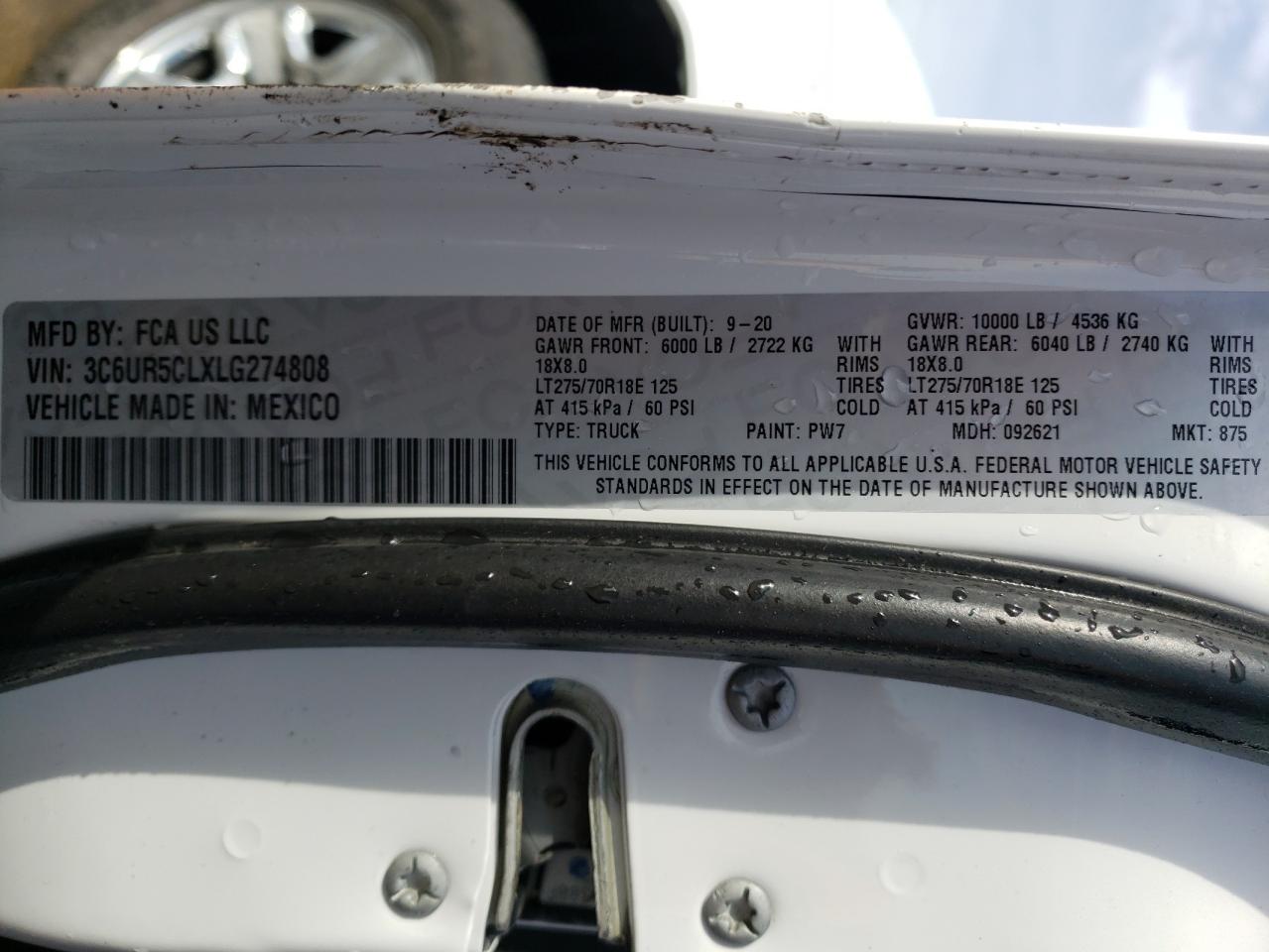 2020 RAM 2500 VIN 3C6UR5CLXLG274808 Copart auction photo, front end / hail damage thumbnail 13
