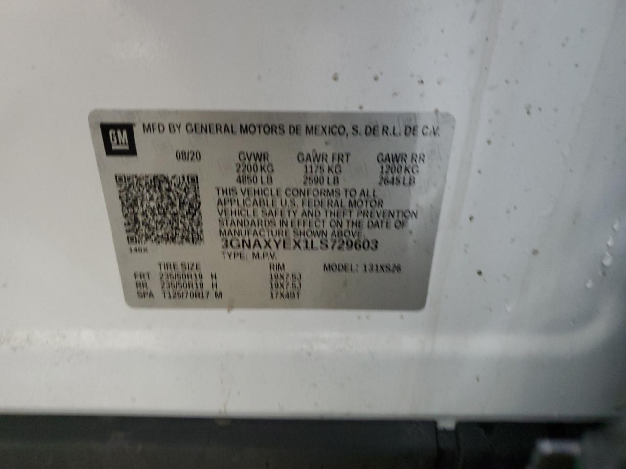 2020 Chevrolet Equinox VIN 3GNAXYEX1LS729603 Copart auction photo, front end damage thumbnail 15
