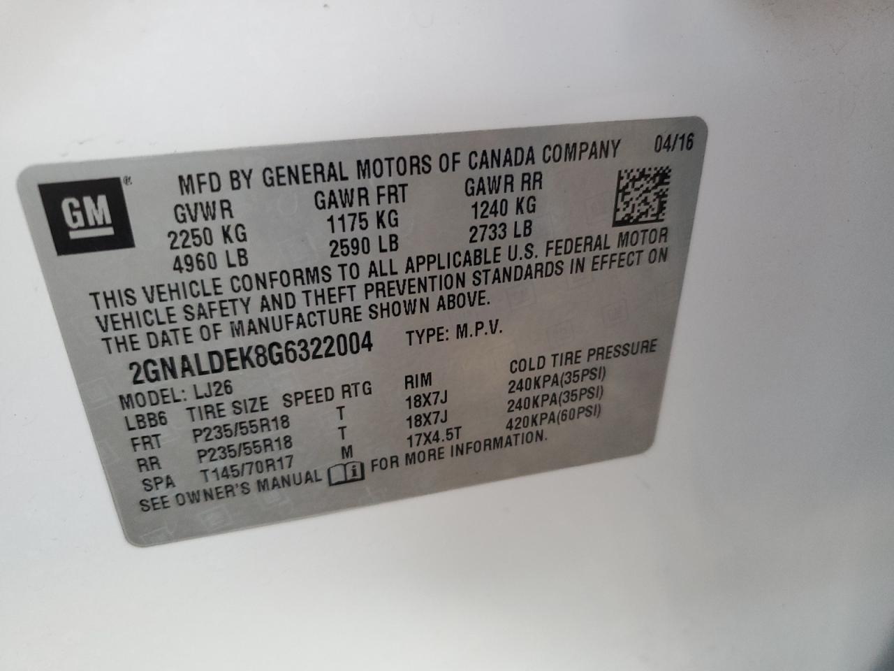 2016 Chevrolet Equinox VIN 2GNALDEK8G6322004 Copart auction photo, front end damage thumbnail 13