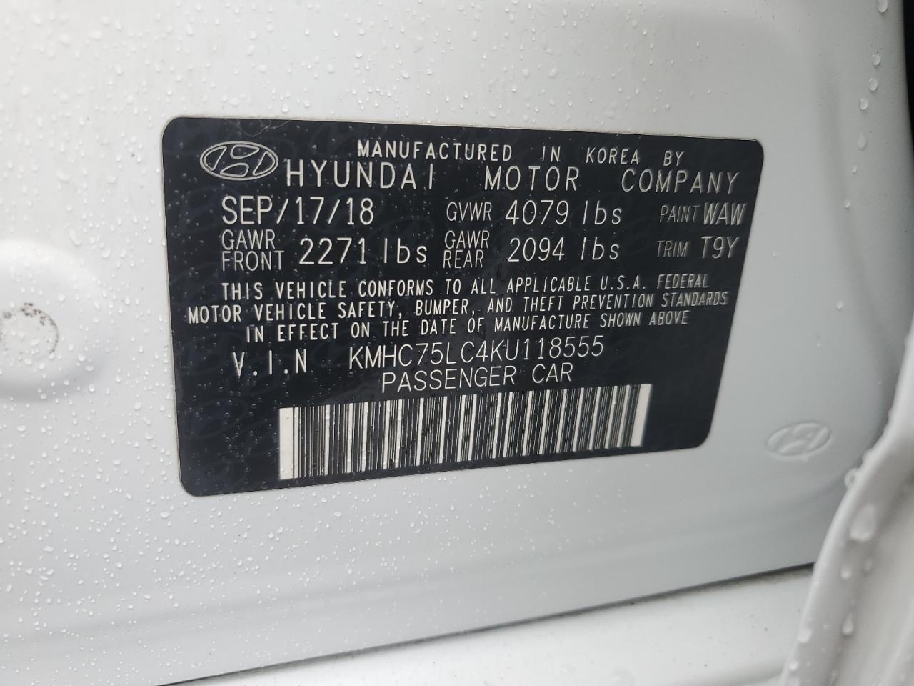 2019 Hyundai IONIQ VIN KMHC75LC4KU118555 Copart auction photo, front end damage thumbnail 14
