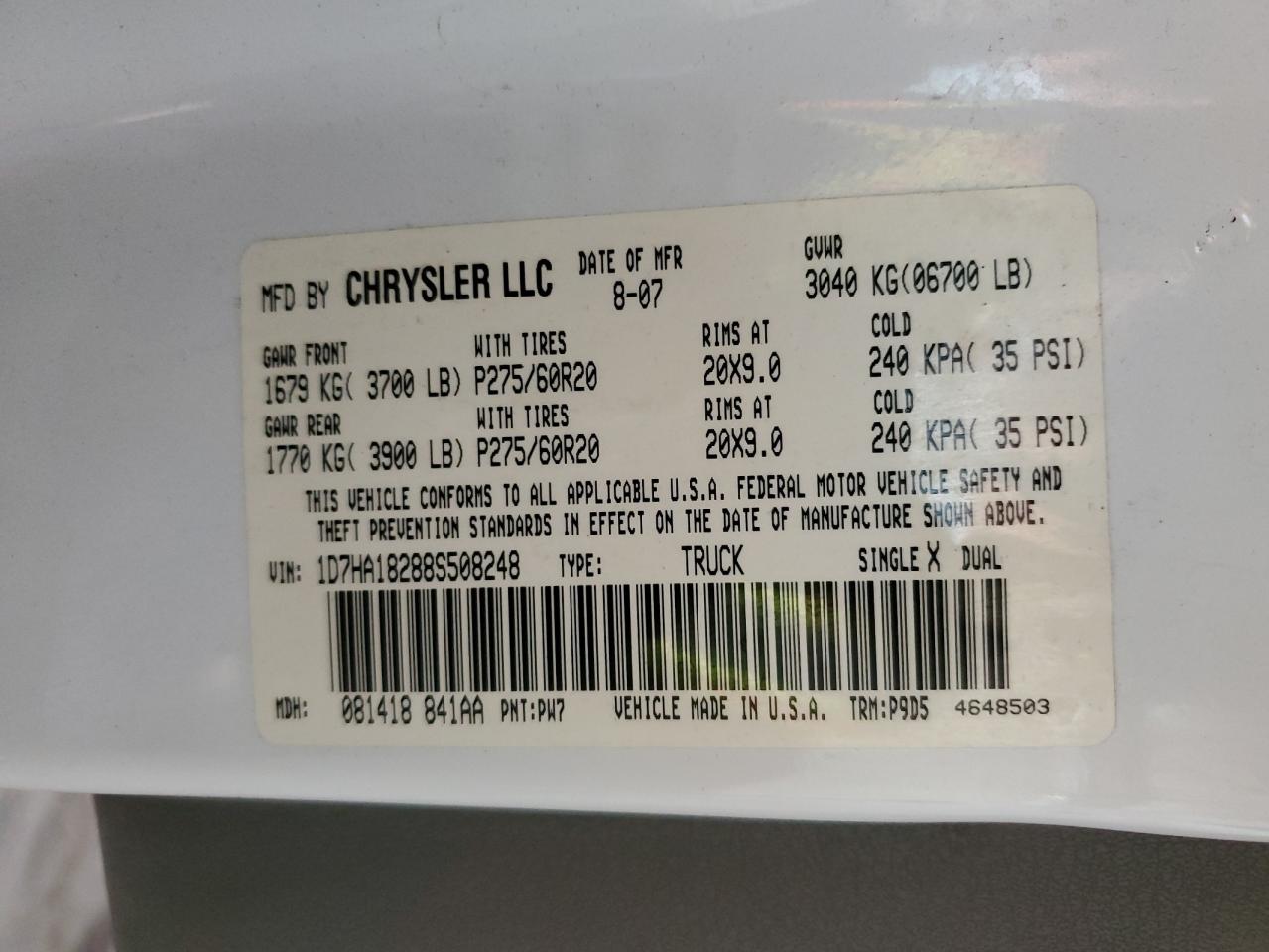2008 Dodge RAM VIN 1D7HA18288S508248 Copart auction photo, rear end / side damage thumbnail 12