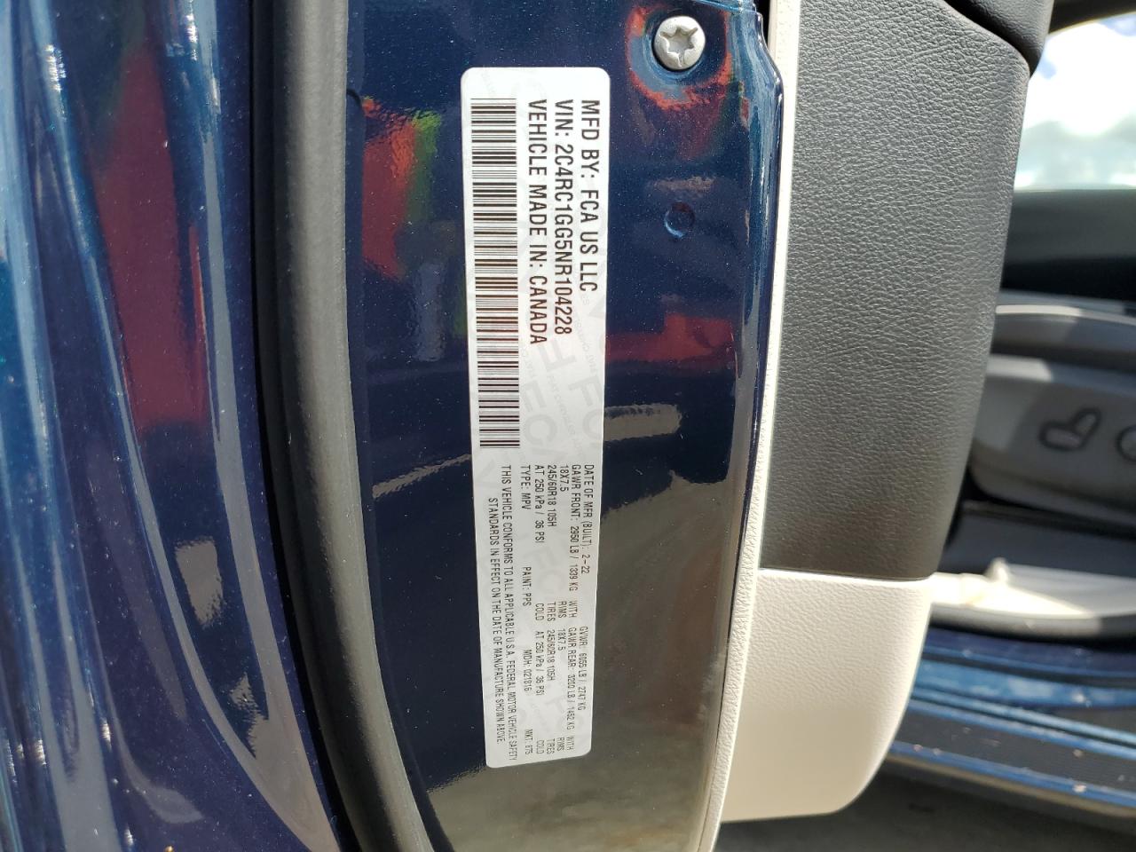 2022 Chrysler Pacifica VIN 2C4RC1GG5NR104228 Copart auction photo, water/flood damage thumbnail 14