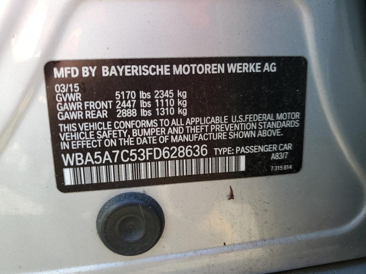 2015 BMW 5er VIN WBA5A7C53FD628636 Copart auction photo, minor dent/scratches damage thumbnail 12