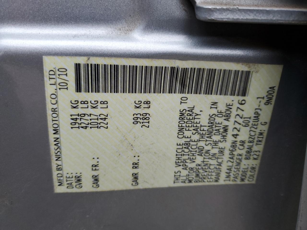 2011 Nissan Altima VIN 1N4AL2AP6BN427276 Copart auction photo, all over damage thumbnail 13