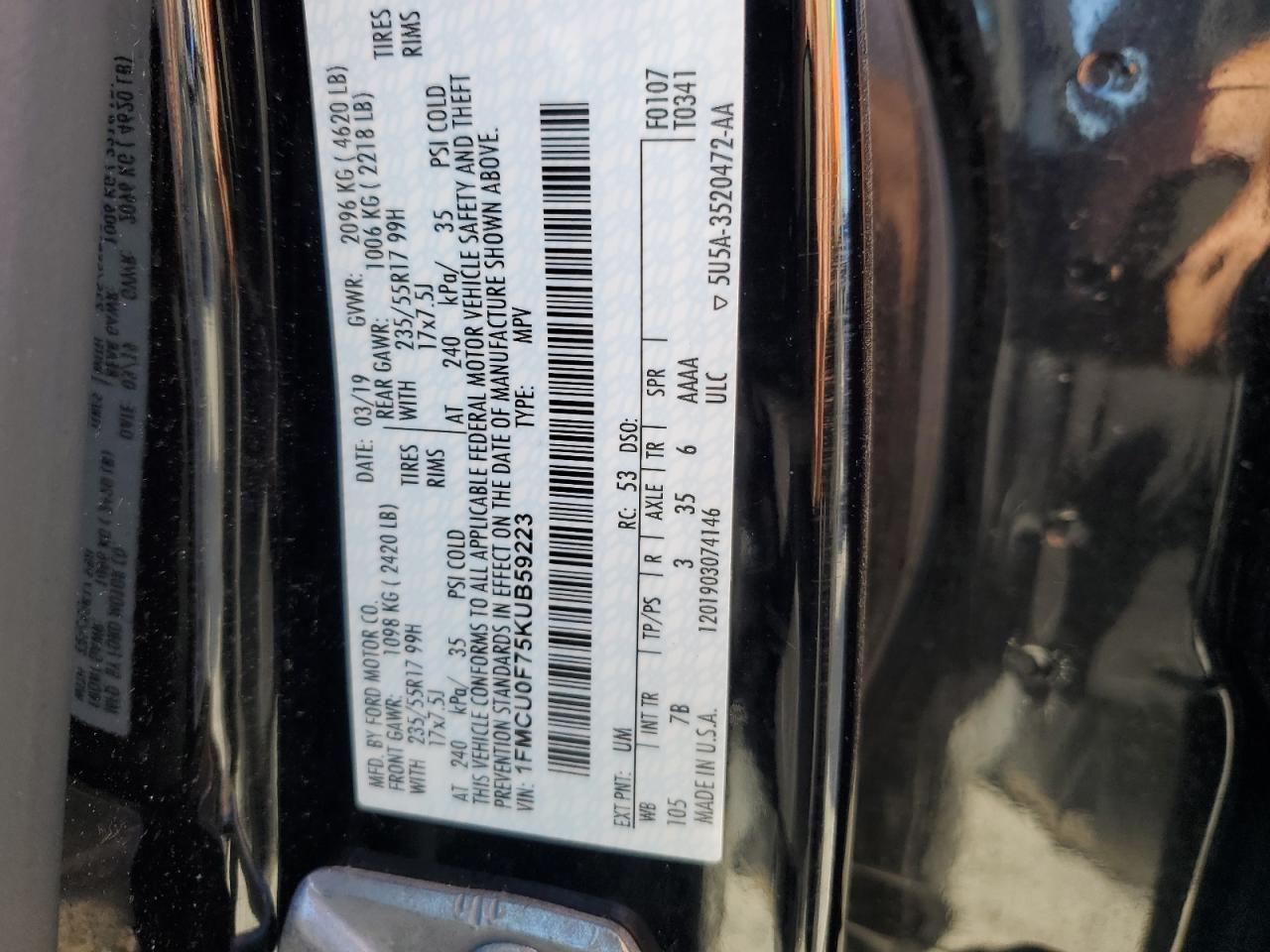 2019 Ford Escape VIN 1FMCU0F75KUB59223 Copart auction photo, hail damage thumbnail 13