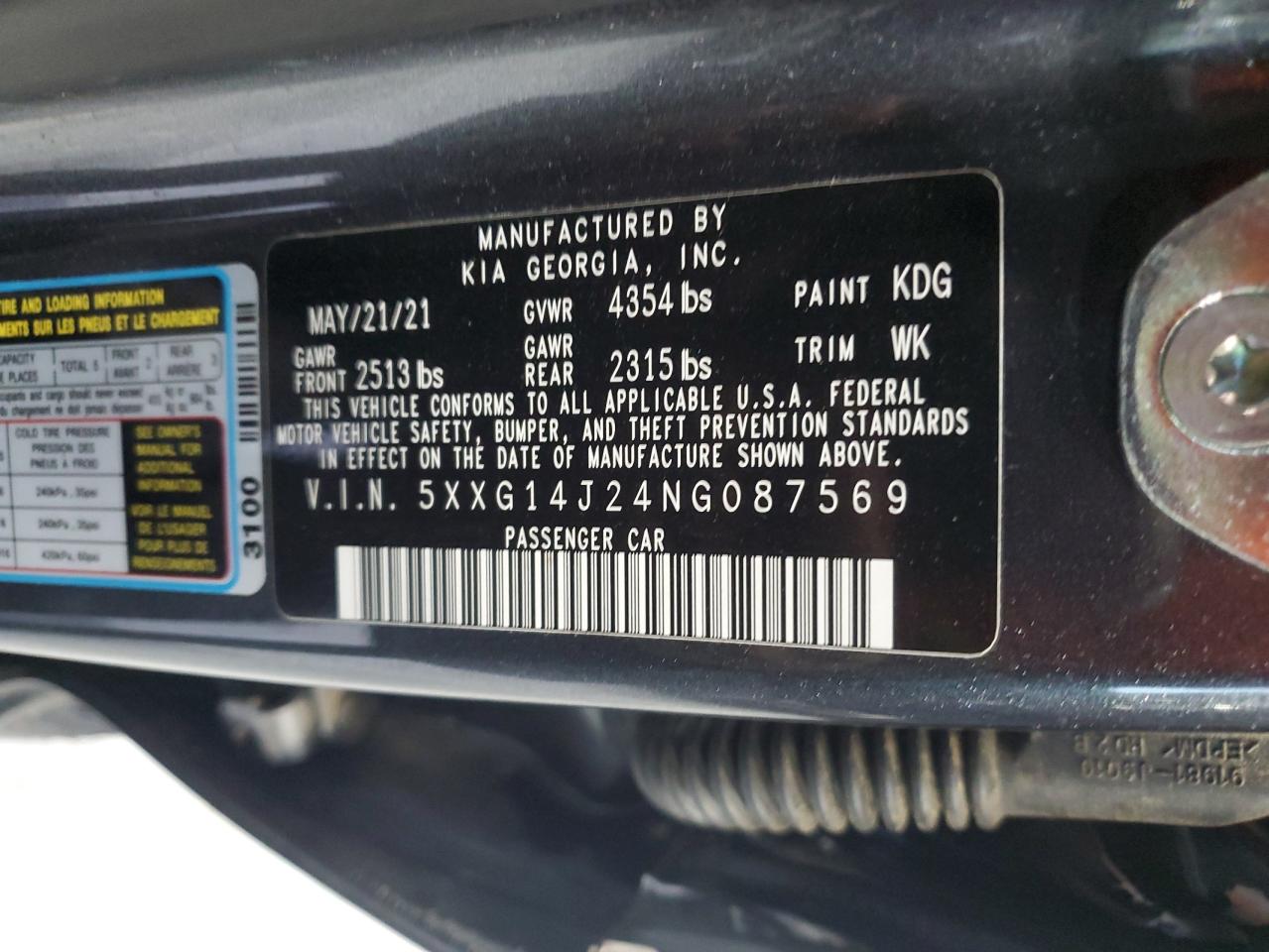 2022 KIA K5 VIN 5XXG14J24NG087569 Copart auction photo, all over damage thumbnail 12