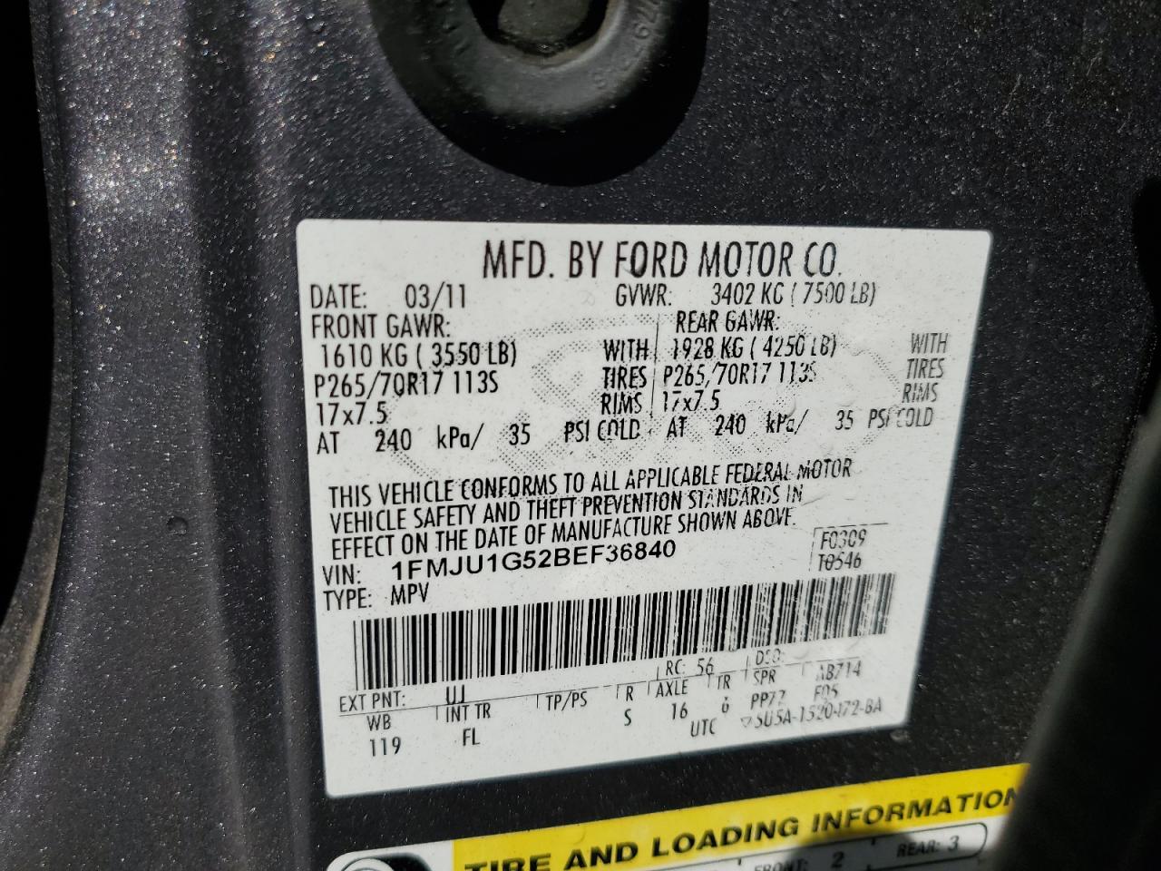 2011 Ford Expedition VIN 1FMJU1G52BEF36840 Copart auction photo, front end / hail damage thumbnail 13