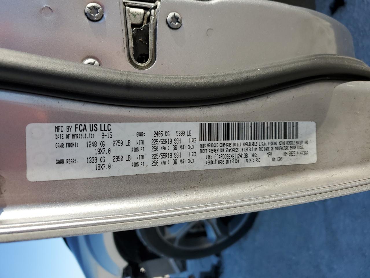 2016 Dodge Journey VIN 3C4PDCGBXGT124138 Copart auction photo, front end damage thumbnail 15