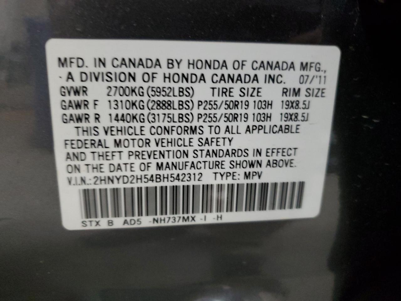 2011 Acura MDX VIN 2HNYD2H54BH542312 Copart auction photo, undercarriage / front end damage thumbnail 13