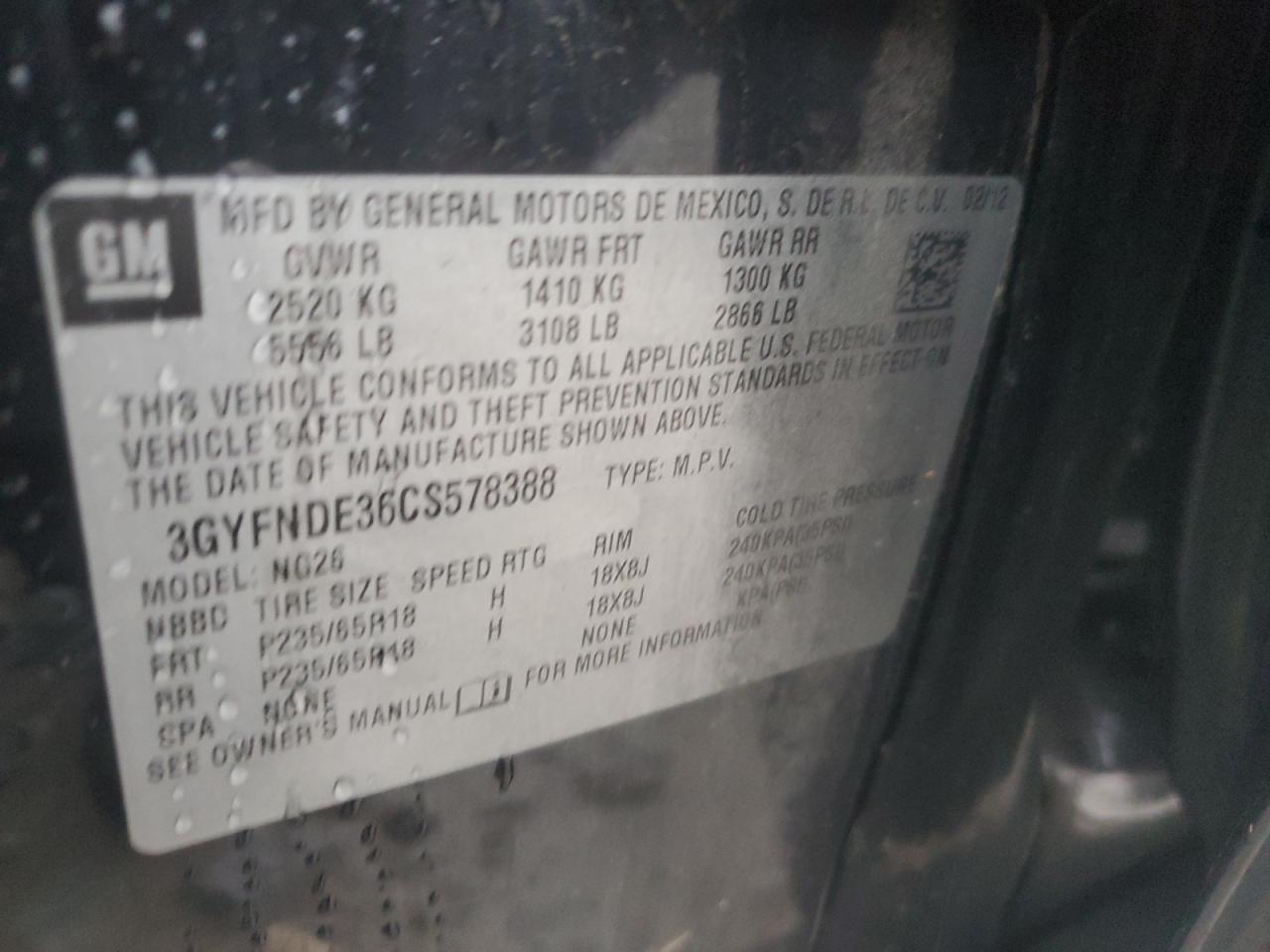 2012 Cadillac SRX VIN 3GYFNDE36CS578388 Copart auction photo, all over / undercarriage damage thumbnail 13