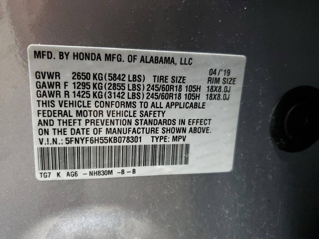 2019 Honda Pilot VIN 5FNYF6H55KB078301 Copart auction photo, front end damage thumbnail 13
