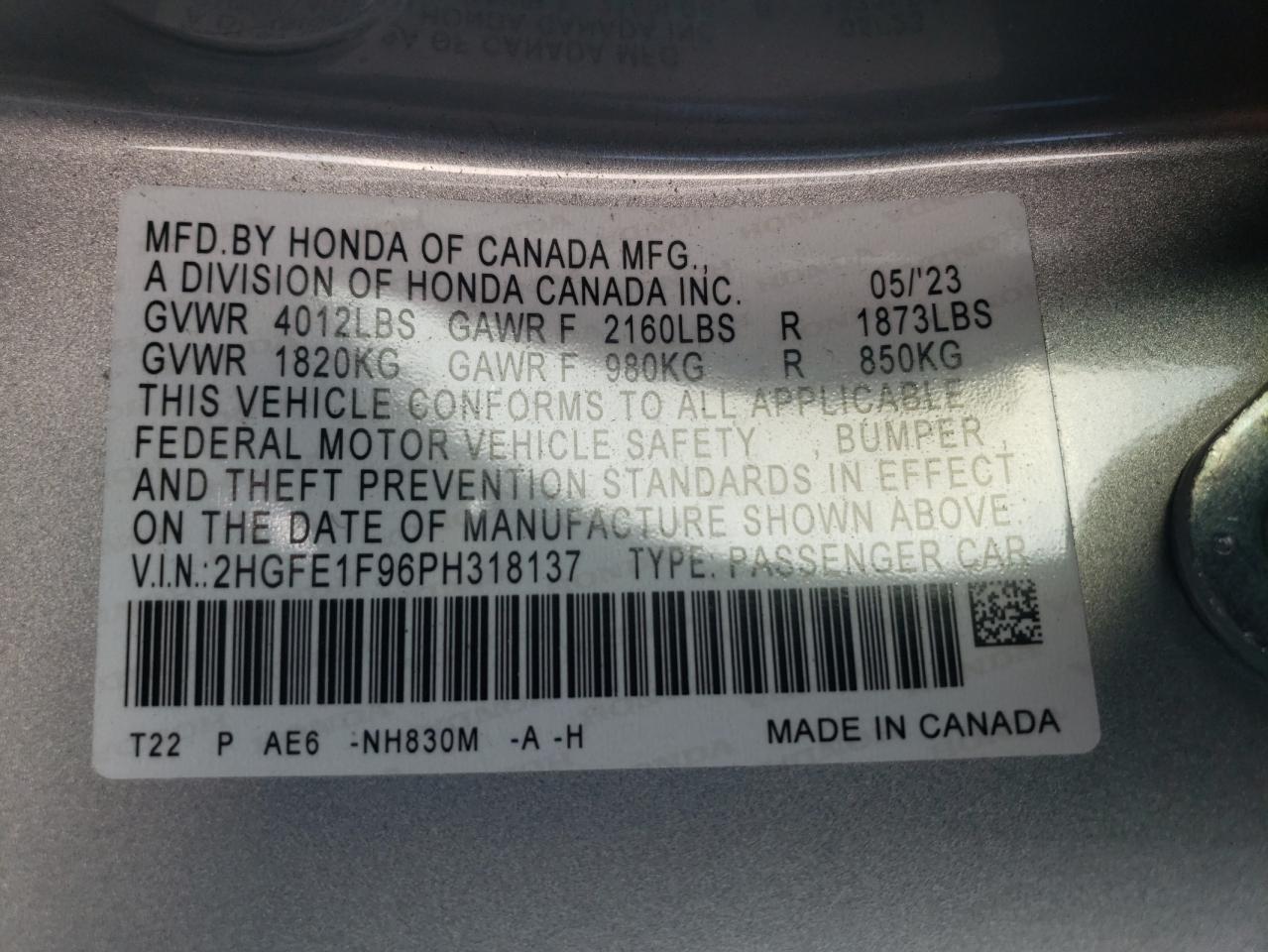 2023 Honda Civic VIN 2HGFE1F96PH318137 Copart auction photo, front end damage thumbnail 14