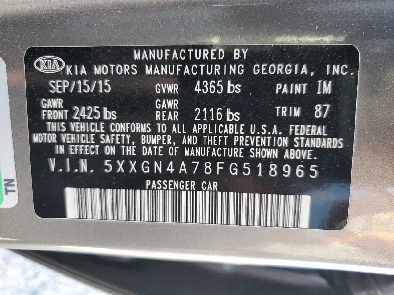 2015 KIA Optima VIN 5XXGN4A78FG518965 Copart auction photo, minor dent/scratches damage thumbnail 12