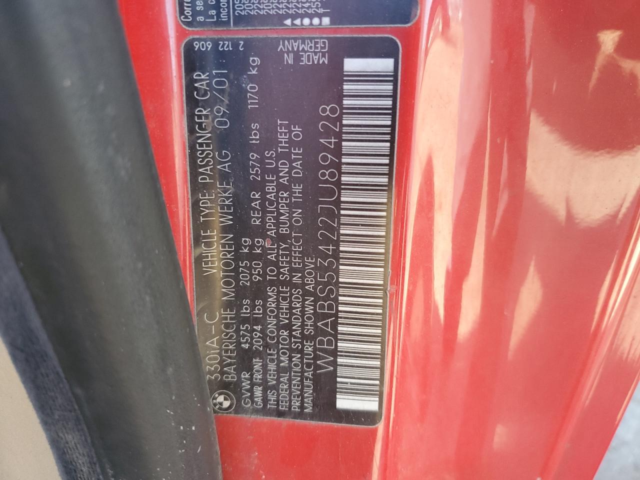 2002 BMW 3er VIN WBABS53422JU89428 Copart auction photo, front end damage thumbnail 12