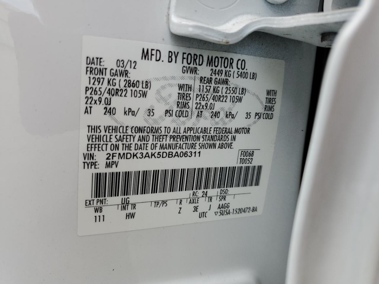 2013 Ford Edge VIN 2FMDK3AK5DBA06311 Copart auction photo, front end / undercarriage damage thumbnail 16