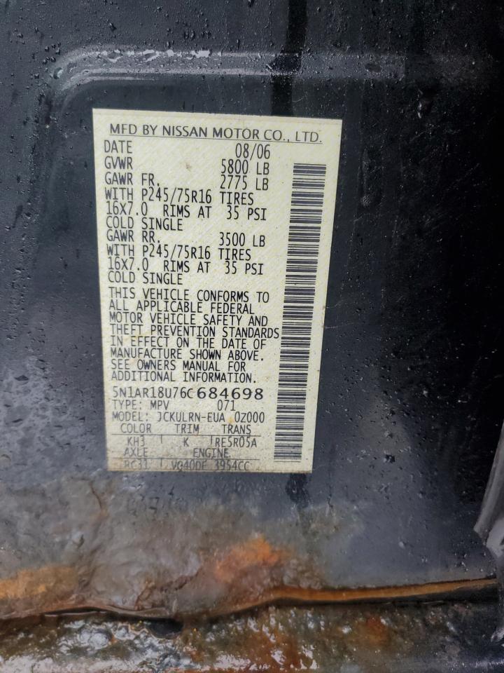 2006 Nissan Pathfinder VIN 5N1AR18U76C684698 Copart auction photo, rear end damage thumbnail 13
