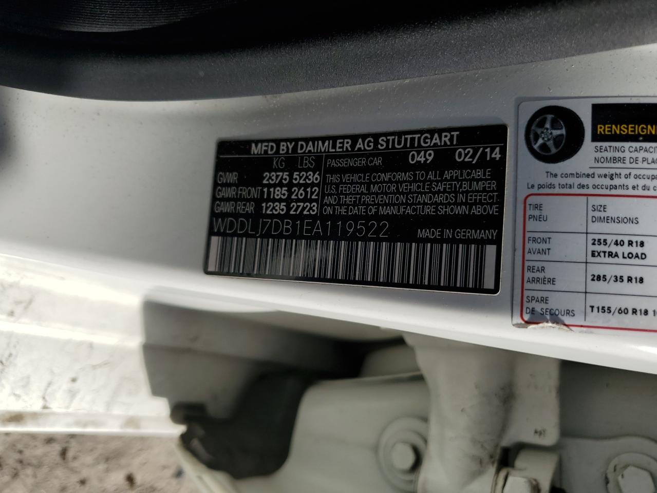 2014 Mercedes-Benz Cls-klasse VIN WDDLJ7DB1EA119522 Copart auction photo, front end damage thumbnail 13