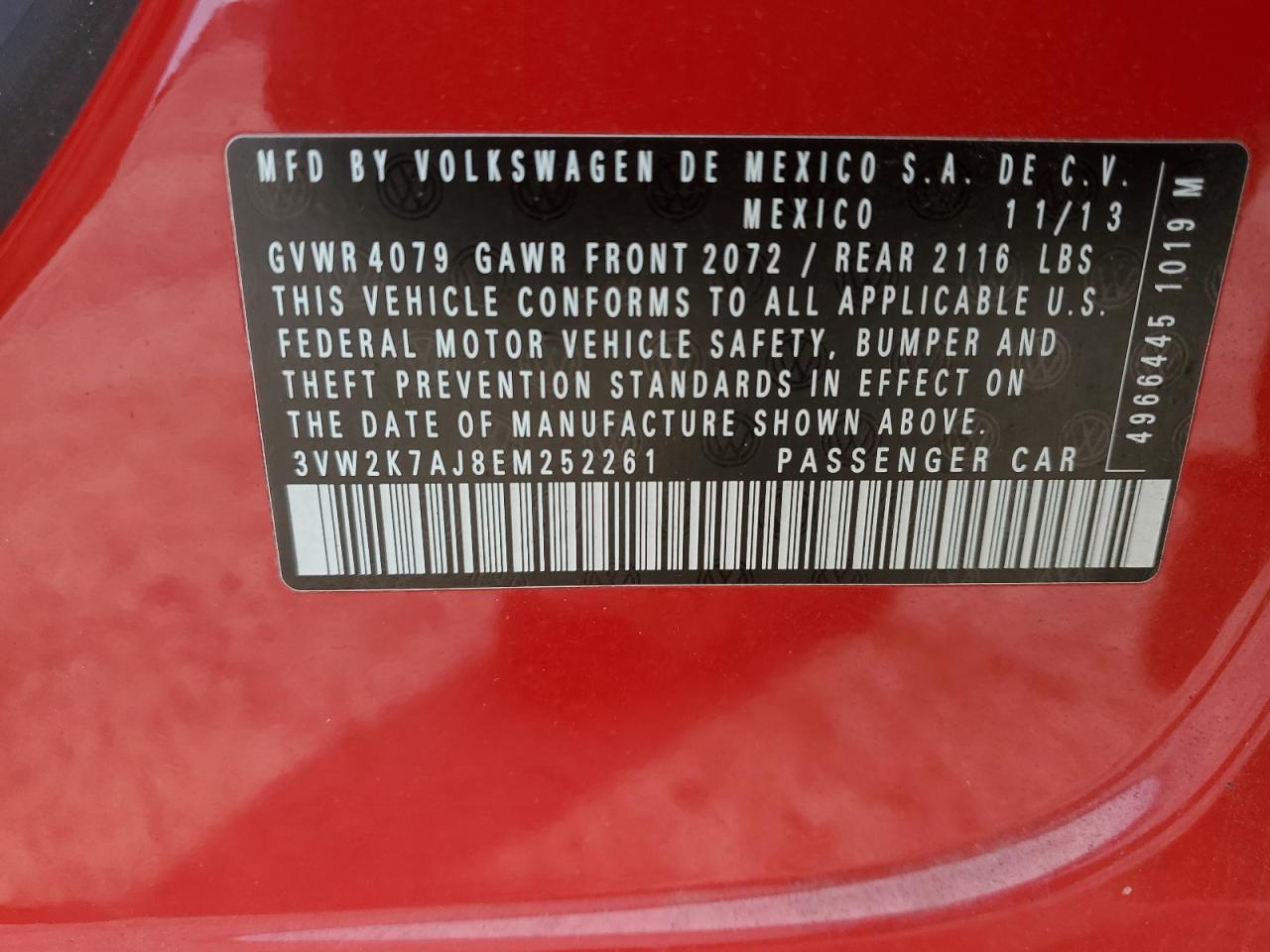 2014 Volkswagen Jetta VIN 3VW2K7AJ8EM252261 Copart auction photo, front end / side damage thumbnail 12