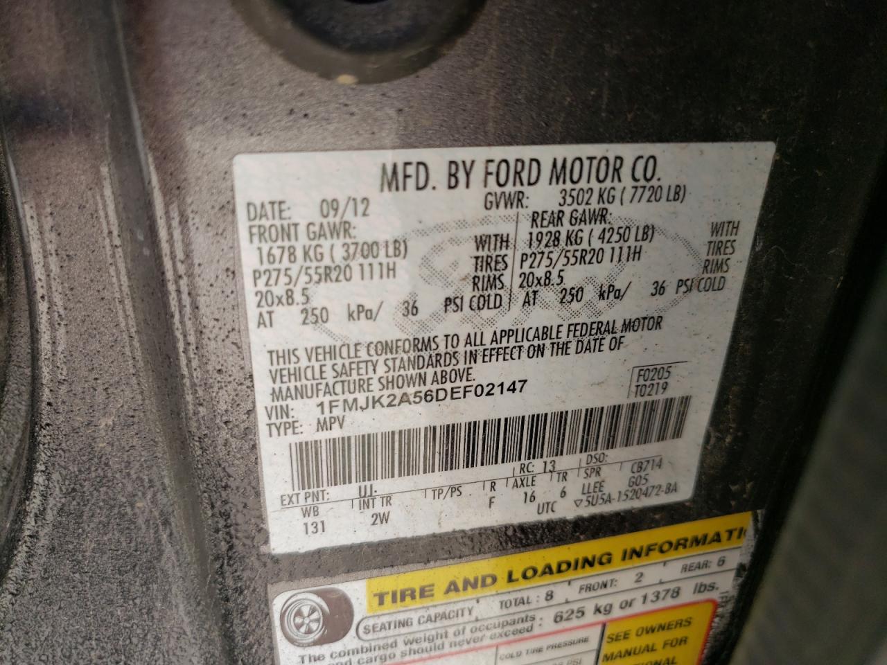 2013 Ford Expedition VIN 1FMJK2A56DEF02147 Copart auction photo, rear end / mechanical damage thumbnail 13