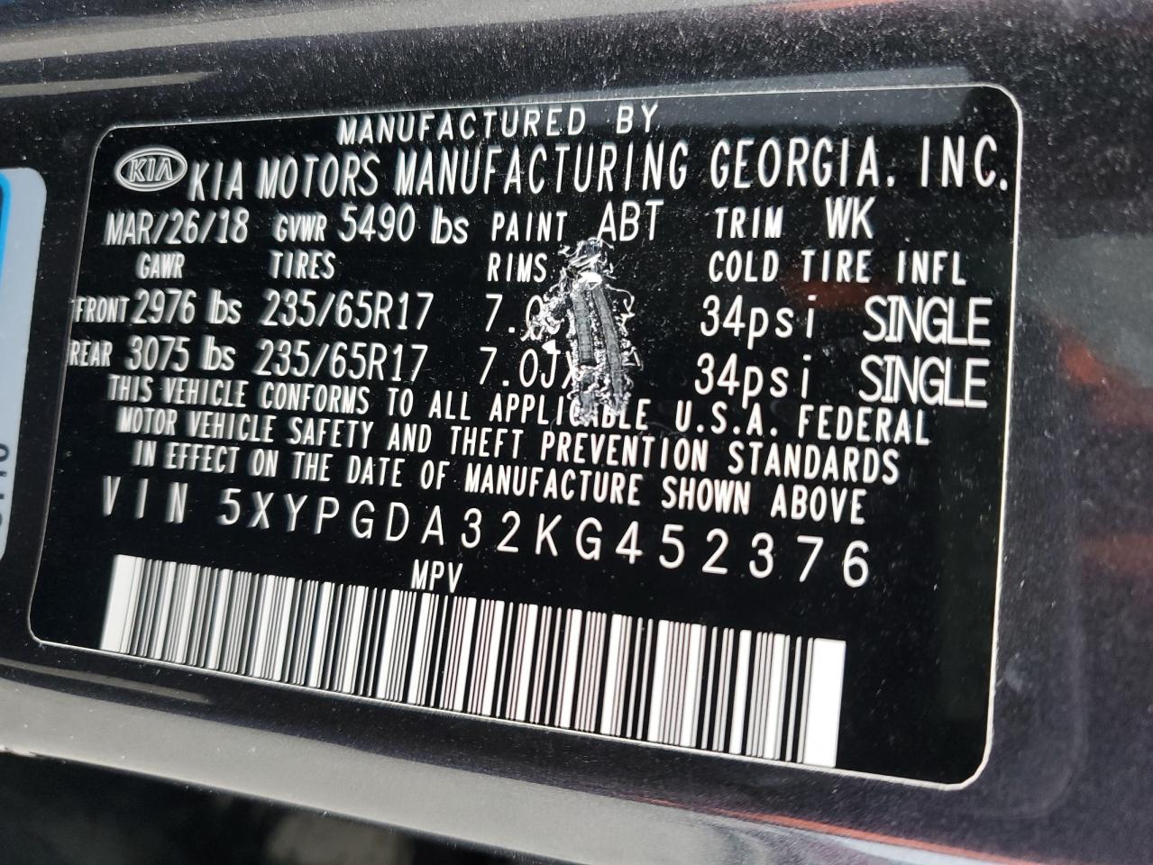 2019 KIA Sorento VIN 5XYPGDA32KG452376 Copart auction photo, rollover damage thumbnail 14