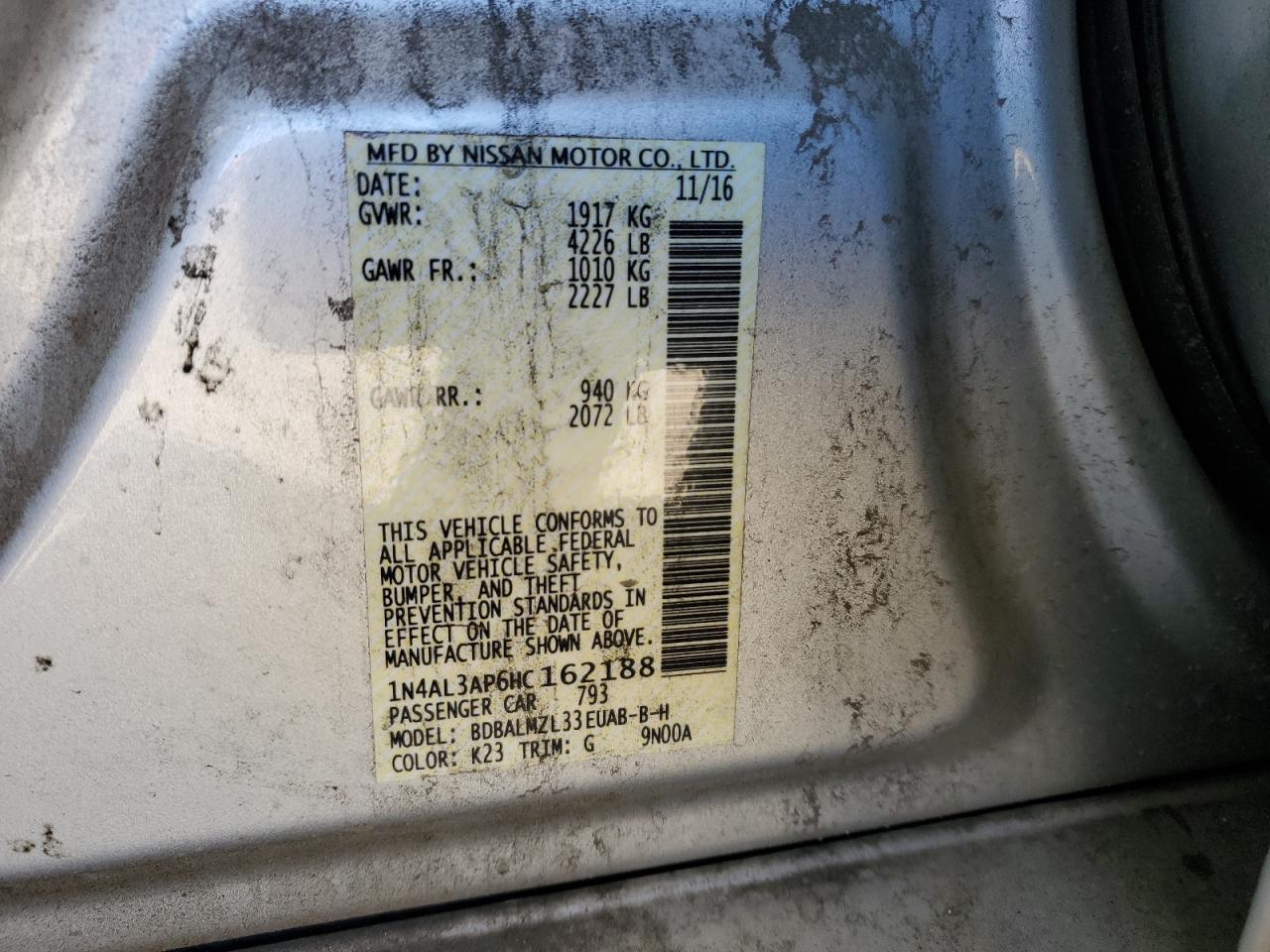 2017 Nissan Altima VIN 1N4AL3AP6HC162188 Copart auction photo, rear end damage thumbnail 14