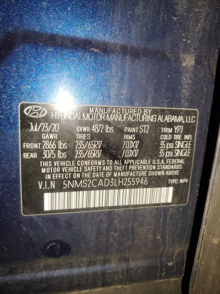 2020 Hyundai Santa Fe VIN 5NMS2CAD3LH255946 Copart auction photo, side / rear end damage thumbnail 13