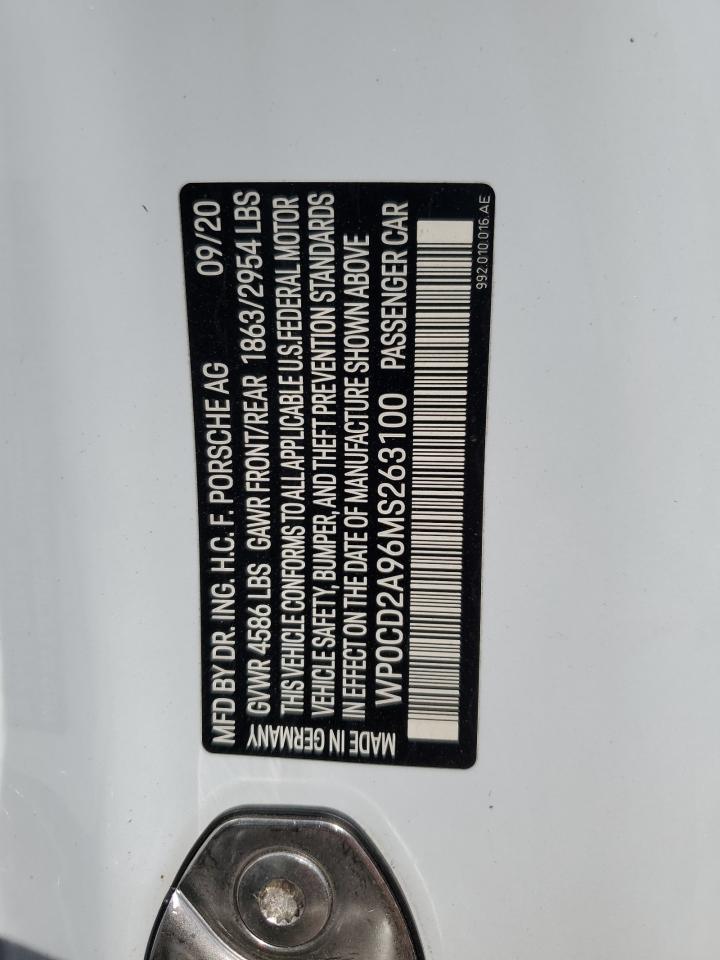 2021 Porsche 911 VIN WP0CD2A96MS263100 Copart auction photo, all over damage thumbnail 12
