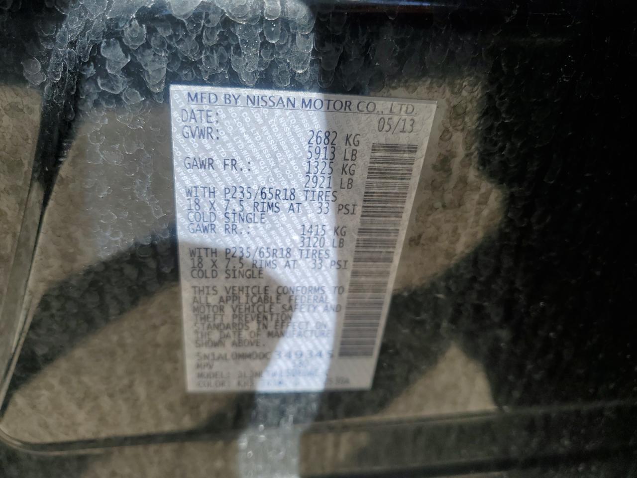 2013 Infiniti JX VIN 5N1AL0MM0DC349345 Copart auction photo, front end damage thumbnail 15