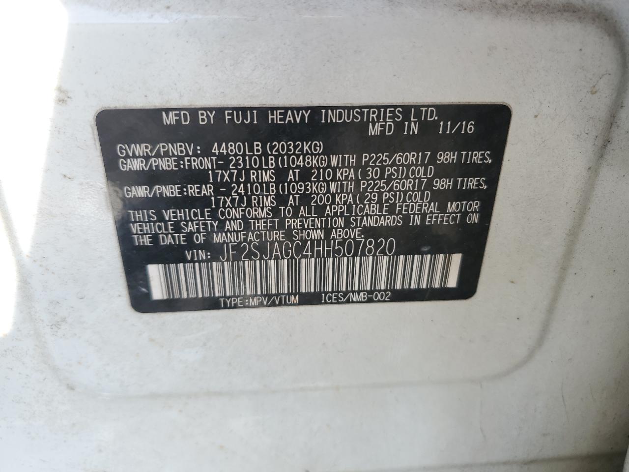 2017 Subaru Forester VIN JF2SJAGC4HH507820 Copart auction photo, side / front end damage thumbnail 15
