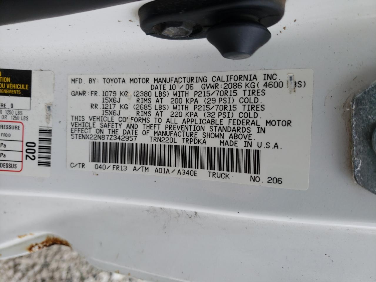 2007 Toyota Tacoma VIN 5TENX22N87Z342957 Copart auction photo, side / front end damage thumbnail 12