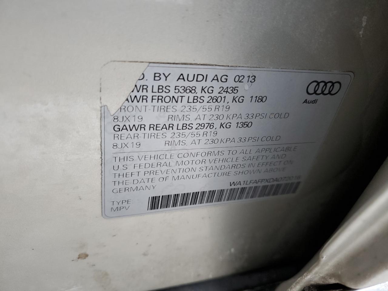 2013 Audi Q5 VIN WA1LFAFPXDA072016 Copart auction photo, front end damage thumbnail 14