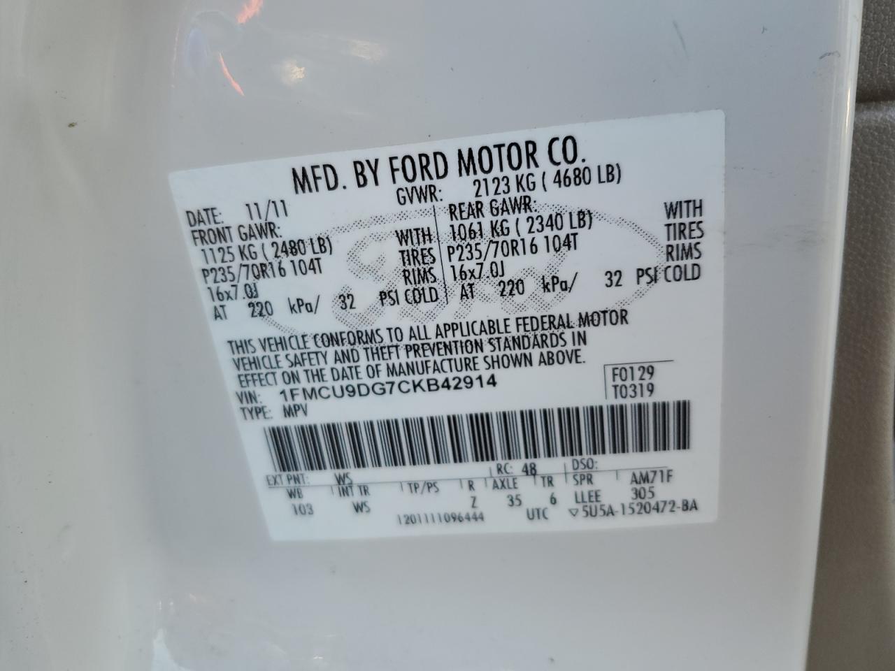 2012 Ford Escape VIN 1FMCU9DG7CKB42914 Copart auction photo, rear end / front end damage thumbnail 13