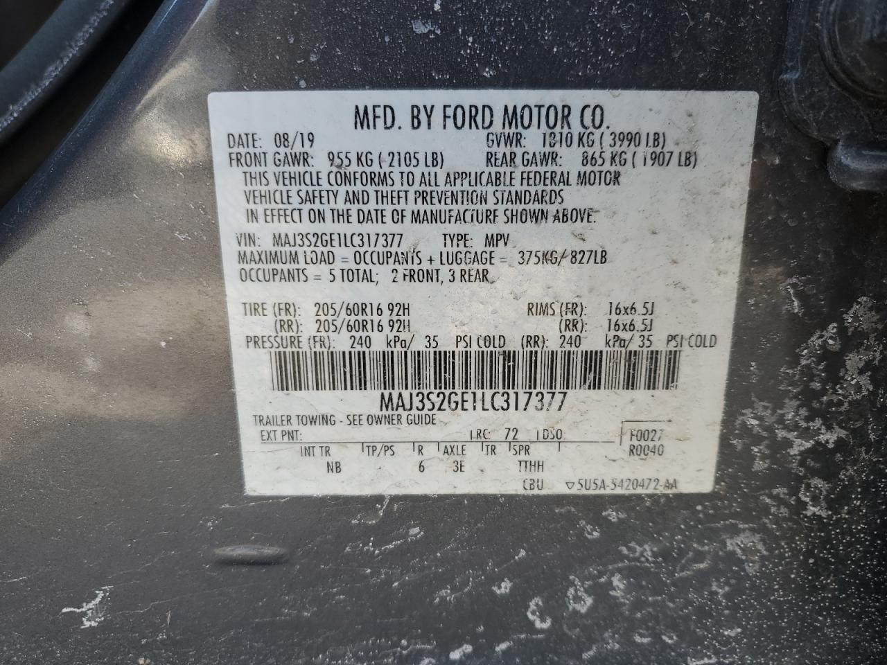 2020 Ford EcoSport VIN MAJ3S2GE1LC317377 Copart auction photo, front end / rear end damage thumbnail 14