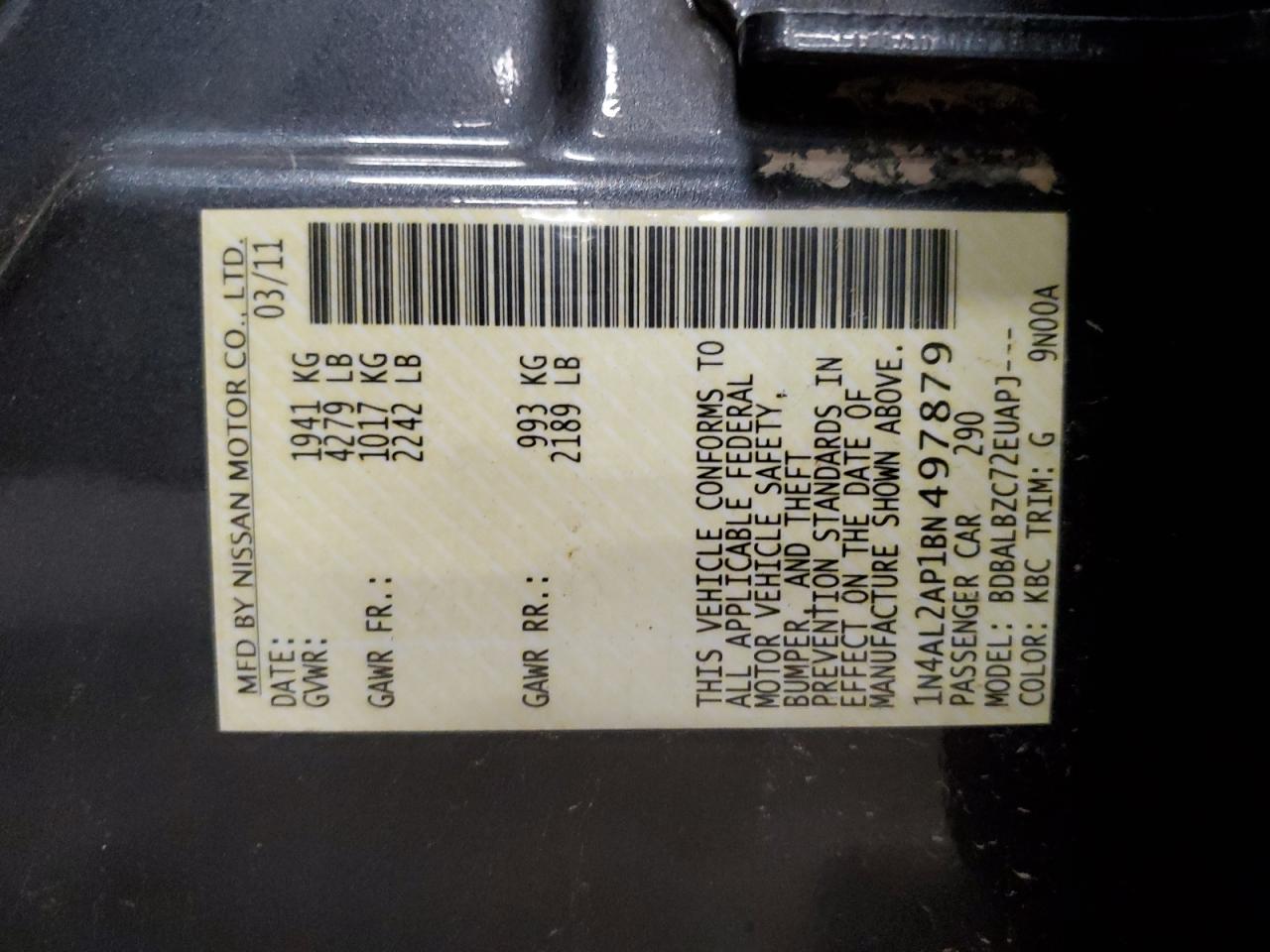 2011 Nissan Altima VIN 1N4AL2AP1BN497879 Copart auction photo, front end damage thumbnail 13