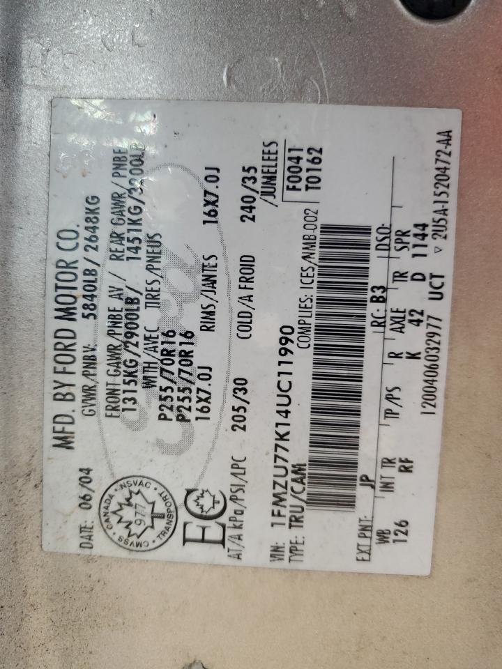 2004 Ford Explorer VIN 1FMZU77K14UC11990 Copart auction photo, all over / minor dent/scratches damage thumbnail 12