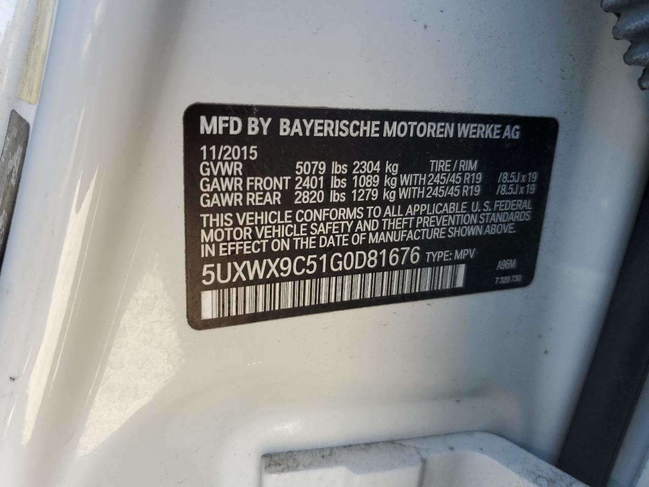 2016 BMW X3 VIN 5UXWX9C51G0D81676 Copart auction photo, front end damage thumbnail 13