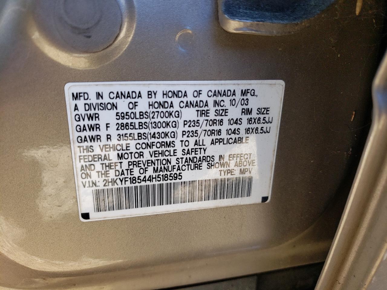 2004 Honda Pilot VIN 2HKYF18544H518595 Copart auction photo, side / rear end damage thumbnail 14