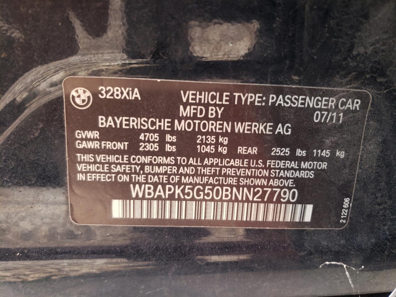 2011 BMW 3er VIN WBAPK5G50BNN27790 Copart auction photo, front end / side damage thumbnail 12