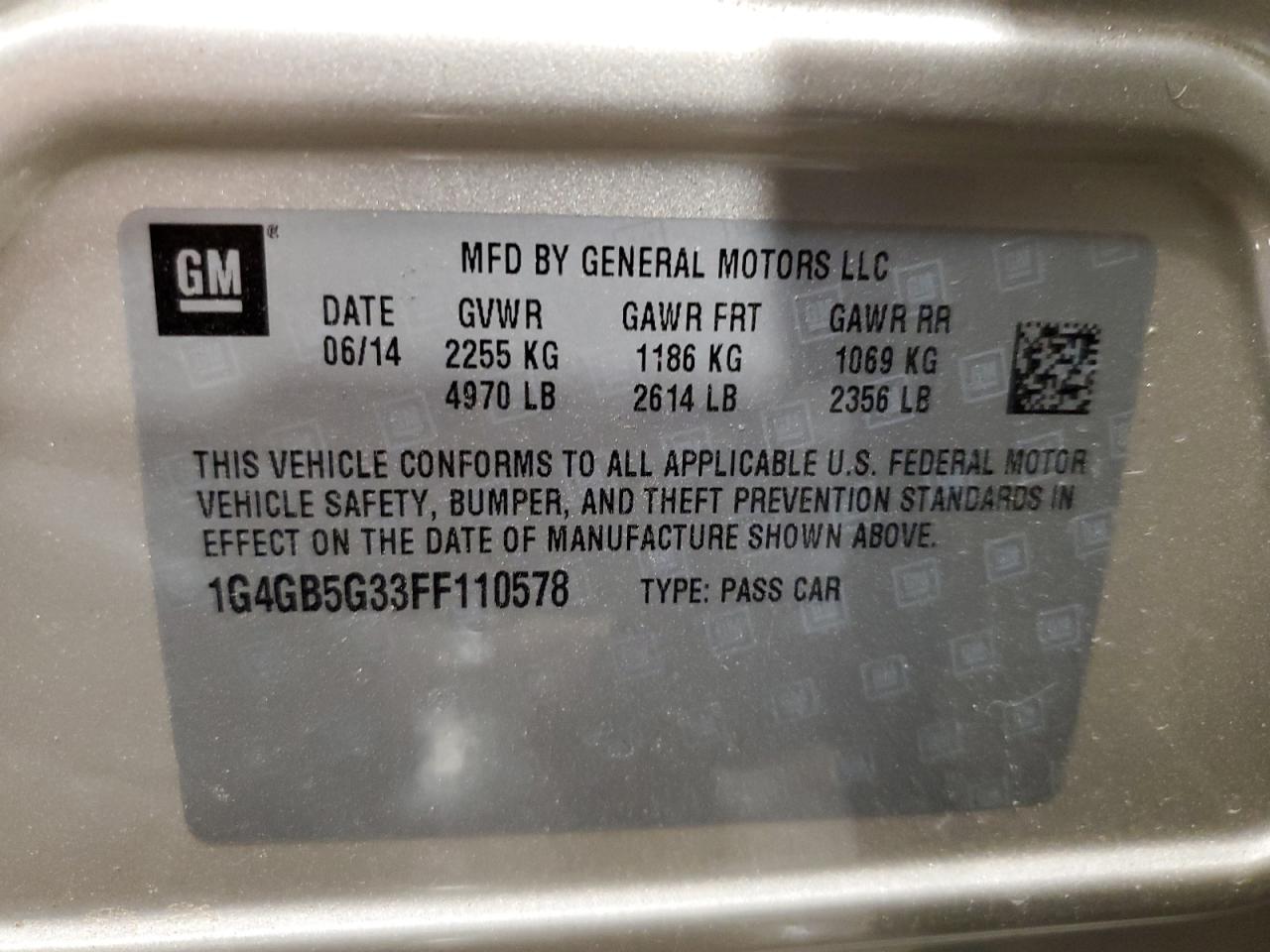 2015 Buick LaCrosse VIN 1G4GB5G33FF110578 Copart auction photo, rollover damage thumbnail 12