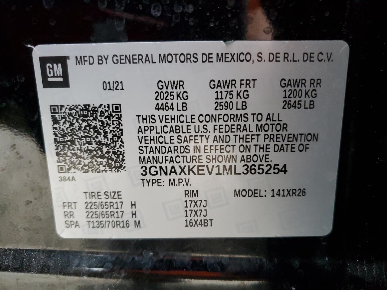 2021 Chevrolet Equinox VIN 3GNAXKEV1ML365254 Copart auction photo, front end / side damage thumbnail 14