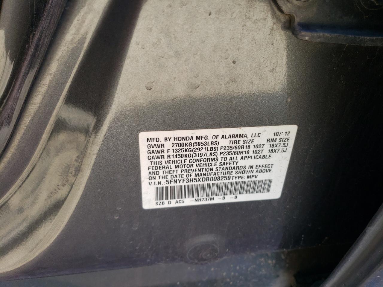2013 Honda Pilot VIN 5FNYF3H5XDB008259 Copart auction photo, all over damage thumbnail 13