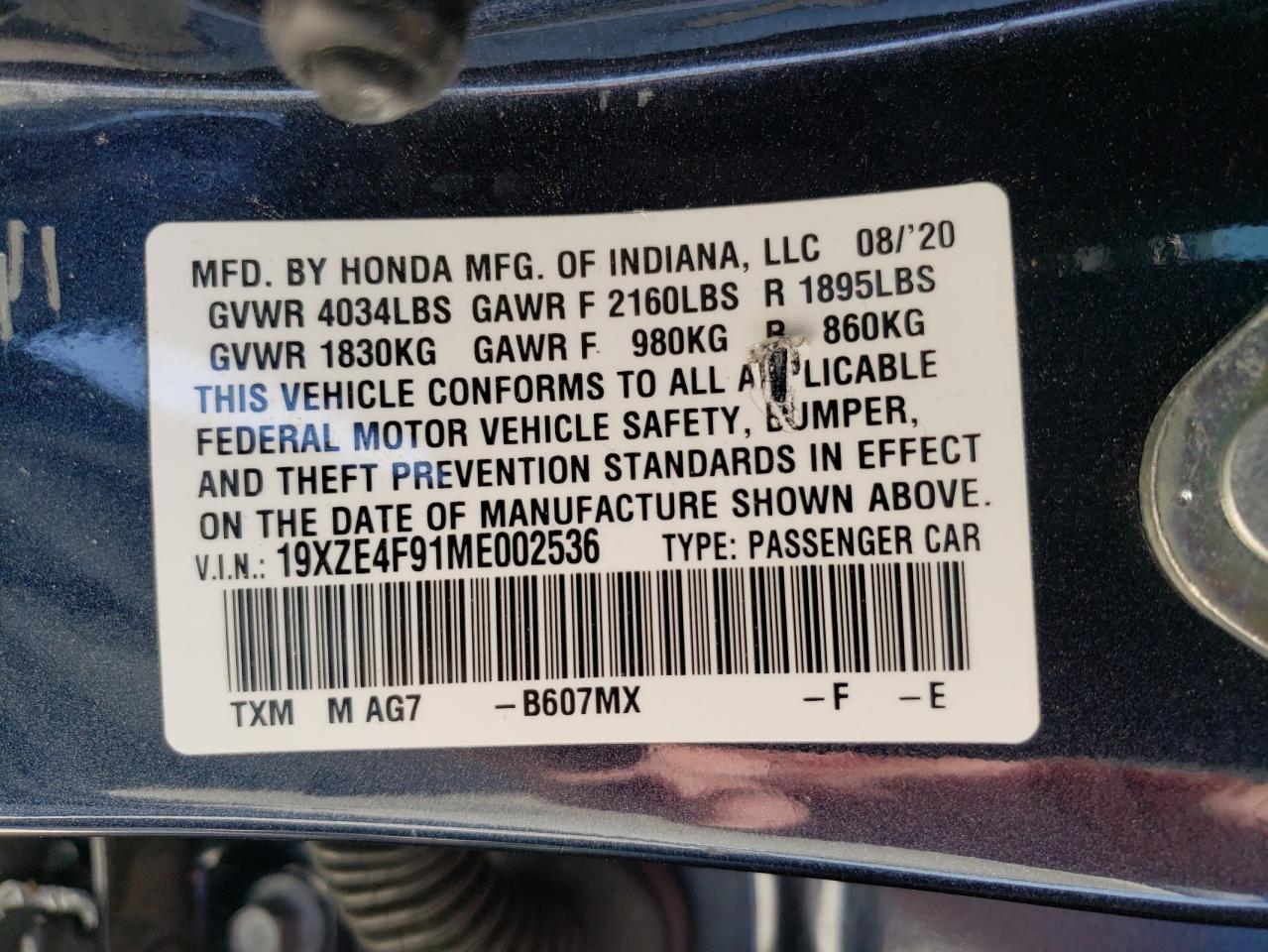 2021 Honda Insight VIN 19XZE4F91ME002536 Copart auction photo, front end / rear end damage thumbnail 12