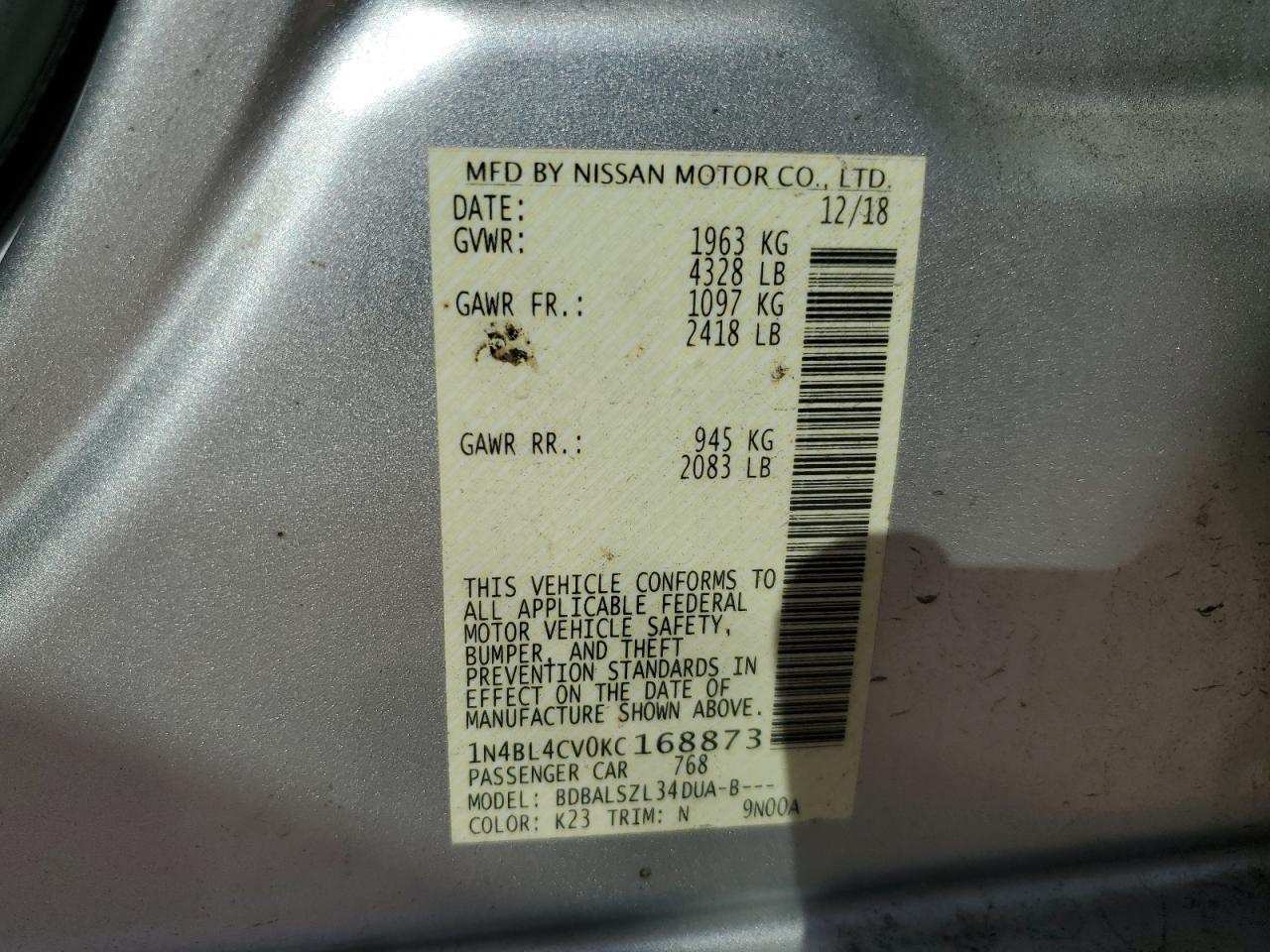 2019 Nissan Altima VIN 1N4BL4CV0KC168873 Copart auction photo, side / minor dent/scratches damage thumbnail 14