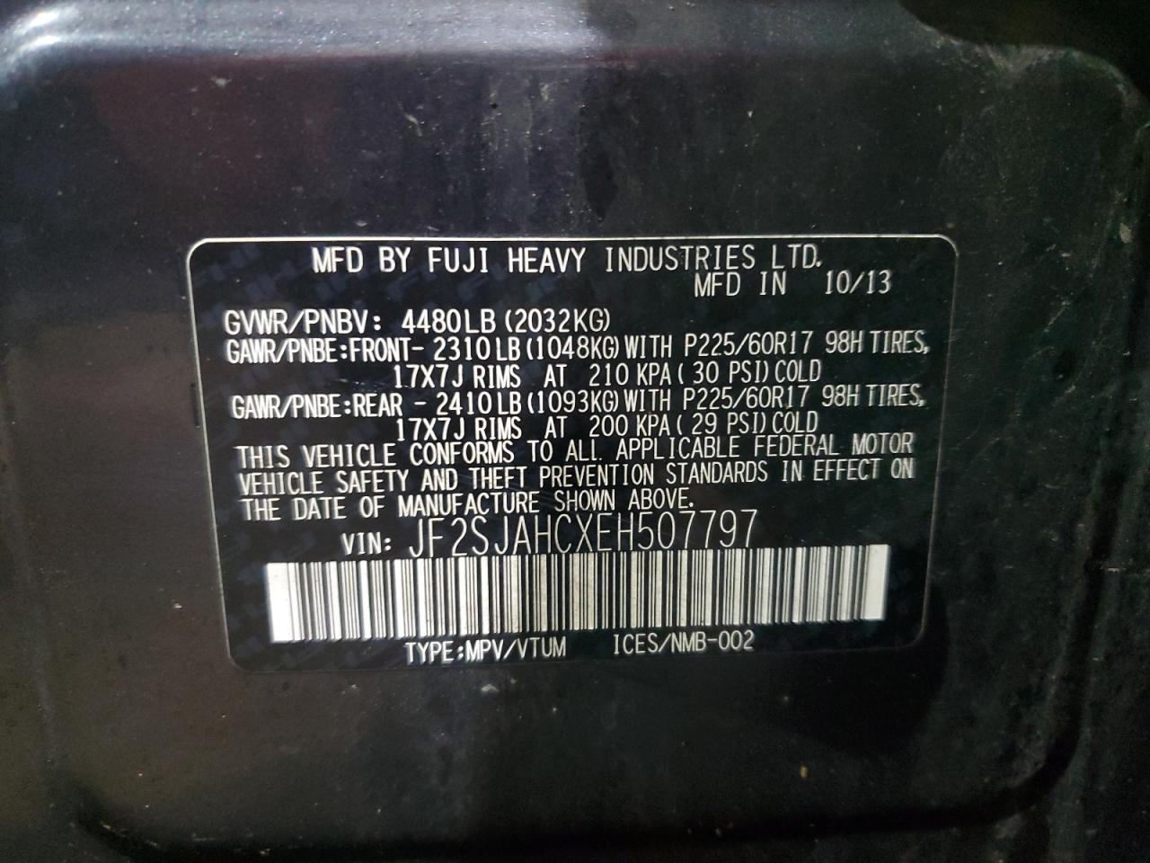 2014 Subaru Forester VIN JF2SJAHCXEH507797 Copart auction photo, all over damage thumbnail 13