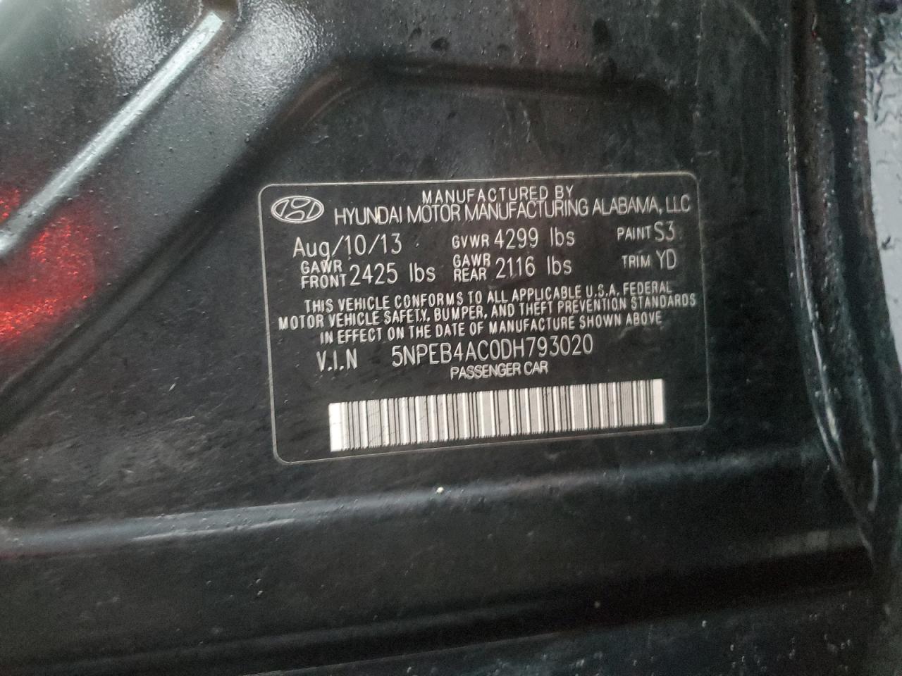 2013 Hyundai Sonata VIN 5NPEB4AC0DH793020 Copart auction photo, front end damage thumbnail 14