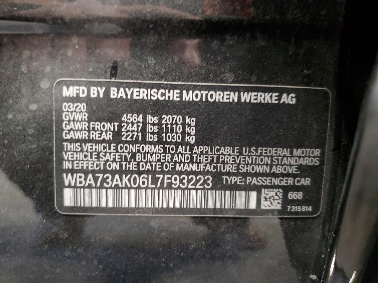 2020 BMW 2er VIN WBA73AK06L7F93223 Copart auction photo, front end / side damage thumbnail 12
